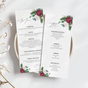 Esküvői menü és/vagy itallap/menüháromszög - Evergreen Love (fenyős bordó), Esküvő, Meghívó & Kártya, Meghívó, Fotó, grafika, rajz, illusztráció, MESKA