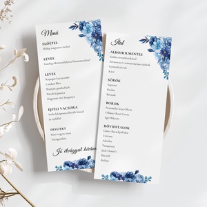 Esküvői menü és/vagy itallap/menüháromszög - Indigo Mood (indigó virágos, kék rózsás), Esküvő, Meghívó & Kártya, Meghívó, Fotó, grafika, rajz, illusztráció, MESKA