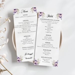 Esküvői menü és/vagy itallap/menüháromszög - Violet Haze (lila virágos), Esküvő, Meghívó & Kártya, Meghívó, Fotó, grafika, rajz, illusztráció, MESKA