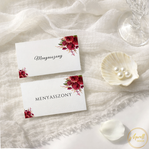 Esküvői ültetőkártya/ ültető / névkártya / asztali névkártya / vendég névtábla - Burgundy Bliss (bordó virágos), Esküvő, Meghívó & Kártya, Meghívó, Fotó, grafika, rajz, illusztráció, MESKA