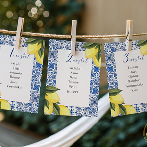Esküvői ültetőkártya/ ültető / névkártya / asztali névkártya / vendég névtábla - Amalfi Ceramica (citromos kék csempés), Esküvő, Meghívó & Kártya, Meghívó, Fotó, grafika, rajz, illusztráció, MESKA