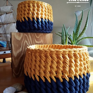 Horgolt kosár szett - Kék és Őszi sárga - otthon & életmód - tárolás & rendszerezés - tárolókosár - Meska.hu