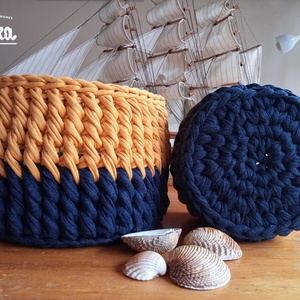 Horgolt kosár szett - Kék és Őszi sárga - otthon & életmód - tárolás & rendszerezés - tárolókosár - Meska.hu