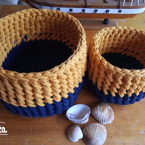 Horgolt kosár szett - Kék és Őszi sárga - otthon & életmód - tárolás & rendszerezés - tárolókosár - Meska.hu