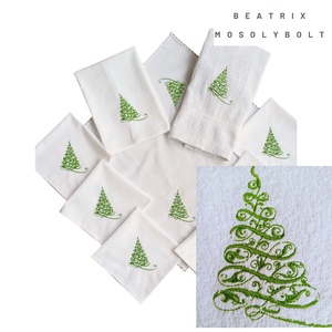 Ünnepi textilszett fenyőfa hímzéssel Karácsonyi, 6 szalvéta, törölköző, konyharuha, csipkés asztalközép, Karácsony, Karácsonyi lakásdekoráció, Ünnepi asztaldekoráció, Hímzés, Varrás, MESKA