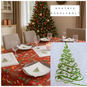 Ünnepi textilszett fenyőfa hímzéssel Karácsonyi, 6 szalvéta, törölköző, konyharuha, csipkés asztalközép - karácsony - karácsonyi lakásdekoráció - ünnepi asztaldekoráció - Meska.hu