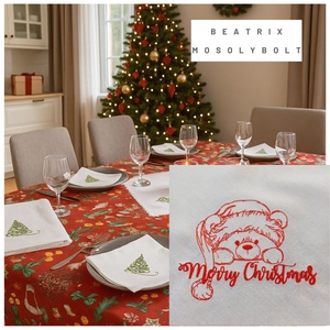 Ünnepi textilszett mackó hímzéssel Karácsonyi, 6 szalvéta, törölköző, konyharuha, csipkés asztalközép - karácsony - karácsonyi lakásdekoráció - ünnepi asztaldekoráció - Meska.hu