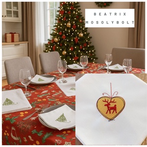 Ünnepi textilszett rénszarvas hímzéssel Karácsonyi, 6 szalvéta, törölköző, konyharuha, csipkés asztalközép - karácsony - karácsonyi lakásdekoráció - ünnepi asztaldekoráció - Meska.hu