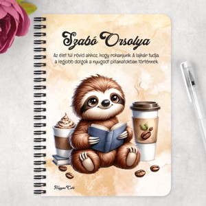 Személyre szabható - Kávés lajhár és egy jó regény mintás A6-os füzet - otthon & életmód - papír, írószer - jegyzetfüzet & napló - Meska.hu