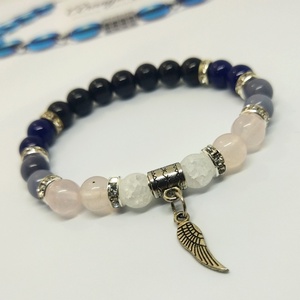 Hegyikristály, Rózsakvarc és Ónix ásvány karkötő angyalszárny dísszel - Meska.hu