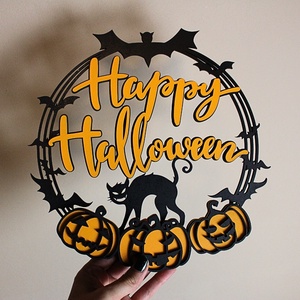  Halloween Ajtódísz - Narancs és Fekete Tökmintával és Fekete Macskával, Otthon & Életmód, Dekoráció, Ajtó- és ablak dekoráció, Ajtódísz & Kopogtató, Gravírozás, pirográfia, MESKA