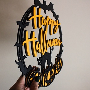  Halloween Ajtódísz - Narancs és Fekete Tökmintával és Fekete Macskával - otthon & életmód - dekoráció - ajtó- és ablak dekoráció - ajtódísz & kopogtató - Meska.hu
