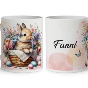 Névvel kérhető - Pici nyuszi kosárban mintás bögre, Otthon & Életmód, Konyhafelszerelés, tálalás, Tálalás, Bögre & Csésze, , MESKA