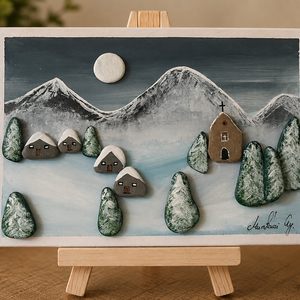 Téli táj kavicskép 20 x 15 cm - Meska.hu