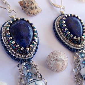 Lapis lazuli  - gyöngy hímzett fülbevaló - ékszer - fülbevaló - lógó fülbevaló - Meska.hu