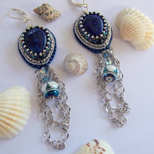 Lapis lazuli  - gyöngy hímzett fülbevaló, Ékszer, Lógó fülbevaló, Fülbevaló, Ékszerkészítés, Gyöngyfűzés, gyöngyhímzés, Meska