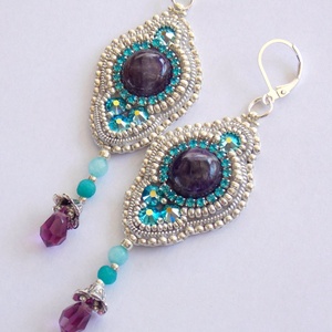 Amethyst -türkiz  - gyöngy hímzett fülbevaló, Ékszer, Fülbevaló, Lógó fülbevaló, Ékszerkészítés, Gyöngyfűzés, gyöngyhímzés, Meska