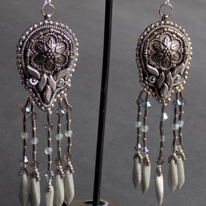 Acél - gyöngy hímzett fülbevaló, Ékszer, Fülbevaló, Lógó fülbevaló, Ékszerkészítés, Gyöngyfűzés, gyöngyhímzés, MESKA