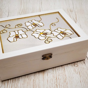 Ékszertartó doboz orchidea mintával, Ékszer, Ékszertartó, Ékszerdoboz, Üvegművészet, Meska