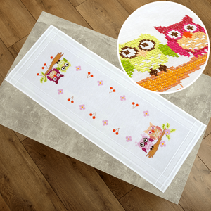 Baglyos futó terítő DIY hímzőkészlet, keresztszemes, 40 x 100 cm - Meska.hu