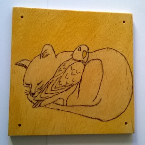 Állati barátság macska és papagáj kép - otthon & lakás - dekoráció - kép & falikép - fából készült kép - Meska.hu