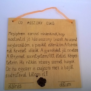 Új asszony esküje vicces kép, Otthon & Életmód, Dekoráció, Fali és függő dekoráció, Felirat, Famegmunkálás, Gravírozás, pirográfia, MESKA