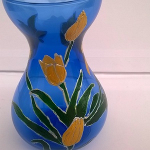Kék váza aranyló tulipánokkal, Otthon & Lakás, Dekoráció, Virágdísz és tartó, Váza, Üvegművészet, Festett tárgyak, MESKA