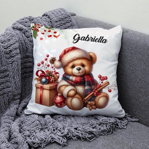 Névre szóló karácsonyi Teddy maci (fahéj) mintás 40x40es díszpárna - egyedi feliratos karácsonyi ajándék (POLI40-0355) - Meska.hu