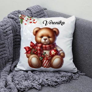 Névre szóló karácsonyi Teddy maci (sálas) mintás 40x40es díszpárna - egyedi feliratos karácsonyi ajándék (POLI40-0357) - Meska.hu