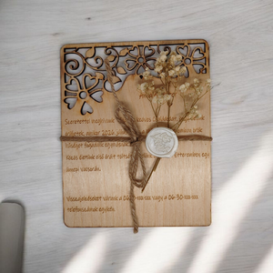 Egyedi, gravírozott fa esküvői meghívó! Rusztikus kiegészítőkkel és virágmintával !, Esküvő, Meghívó & Kártya, Meghívó, Gravírozás, pirográfia, MESKA