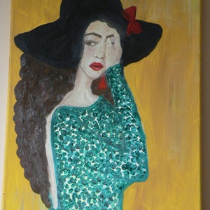 ZÖLDRUHÁS NŐ KALAPBAN, Művészet, Festmény, Akril, Festészet, MESKA