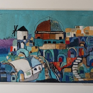 Textil kép Santorini, Művészet, Kollázs, Újrahasznosított alapanyagból készült termékek, Meska