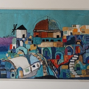 Textil kép Santorini, Művészet, Kollázs, Újrahasznosított alapanyagból készült termékek, MESKA