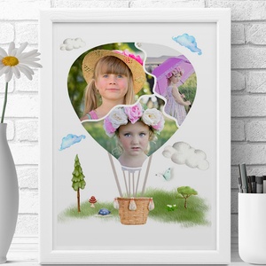 Egyedi fényképes kislány hőlégballonos kollázs kerettel, Szülinapi gyerekposzter fotókkal, Gyerekzsúr ajándék ötlet  - művészet - kollázs - Meska.hu