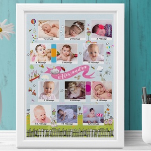 Fényképes kislány 12 hónap 1 éves születésnapi poszter kerettel, Egyedi baba poszter Falidekor fotós kellék táblamontáz - otthon & lakás - dekoráció - kép & falikép - táblakép - Meska.hu