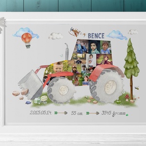 Egyedi kisfiú fényképes piros traktor szülinapi poszter, Szülinapi zsúr emléklap fotókollázs infoposzter milestone fotós - Meska.hu