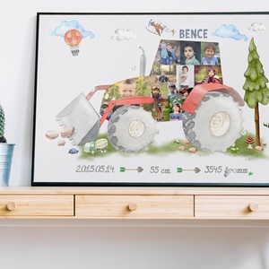 Egyedi kisfiú fényképes piros traktor szülinapi poszter, Szülinapi zsúr emléklap fotókollázs infoposzter milestone fotós - művészet - kollázs - Meska.hu