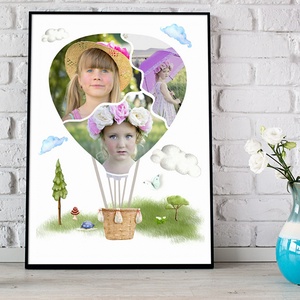 Fényképes kislány szülinapi poszter, Emléklap gyerekposzter fotós ajándék kollázs, Gyerekzsúr ajándék ötlet, hőlégballon - művészet - kollázs - Meska.hu