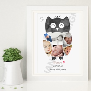 Fényképes baglyos babaposzter emléklap, Bagoly babastatisztika fotóval, Ajándék zsúrba, Babalátogató unisex - művészet - grafika & illusztráció - művészi nyomat - Meska.hu