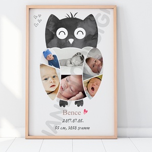 Fényképes baglyos babaposzter emléklap, Bagoly babastatisztika fotóval, Ajándék zsúrba, Babalátogató unisex - művészet - grafika & illusztráció - művészi nyomat - Meska.hu