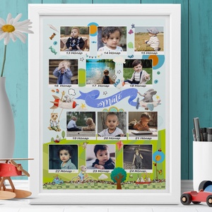 2 éves kisfiú születésnapi emléklap poszter, Egyedi személyre szóló keresztszülő szülinapi mérföldkő táblamontázs névadó - otthon & lakás - dekoráció - kép & falikép - poszter - Meska.hu