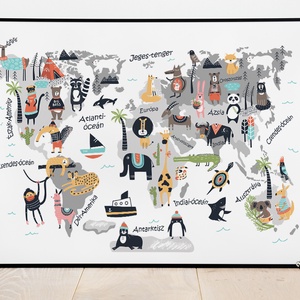 Állatos világtérkép babaszoba poszter Szülinapi zsúr kisfiú kislány ajándékötlet, Kontinens földgömb atlasz falidekor - Meska.hu