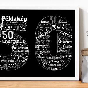 Fekete-fehér szülinapi poszter kerettel, Szómontázs egyedi szófelhő kerekévforduló, szójáték 30, 40, 50., 1952 1962 1972 - otthon & lakás - dekoráció - kép & falikép - poszter - Meska.hu