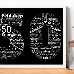 Fekete-fehér szülinapi poszter kerettel, Szómontázs egyedi szófelhő kerekévforduló, szójáték 30, 40, 50., 1952 1962 1972 - otthon & életmód - dekoráció - kép & falikép - poszter - Meska.hu