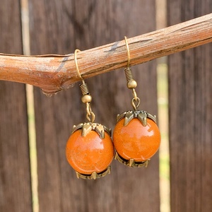 Kerámia fülbevaló - narancs - csíkos/dupla gyöngyös - gyöngykupakos, Ékszer, Fülbevaló, Lógó fülbevaló, Ékszerkészítés, MESKA
