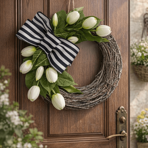 Elegáns tavaszi ajtódísz fehér tulipánokkal, Otthon & Életmód, Dekoráció, Ajtó- és ablak dekoráció, Ajtódísz & Kopogtató, , MESKA