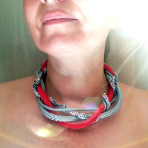 Akció! Piros-szürke fúzió statement nyaklánc - ékszer - nyaklánc - statement nyaklánc - Meska.hu