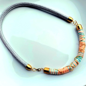 Arany-türkiz fonal, kötél nyaklánc, Ékszer, Nyaklánc, Statement nyaklánc, Ékszerkészítés, Csomózás, MESKA
