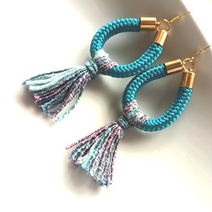 Türkíz kötél, bojtos Design fülbevaló, Ékszer, Fülbevaló, Lógó csepp fülbevaló, Ékszerkészítés, Csomózás, MESKA