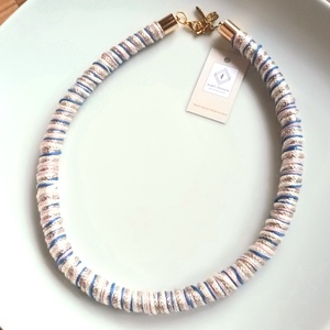 Kék, rózsaszín, beige, ekrü fonal nyaklánc, Ékszer, Nyaklánc, Statement nyaklánc, Ékszerkészítés, MESKA